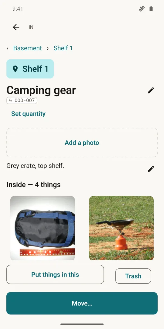 taldro on Android, showing the box Camping gear, number 000-007, on Shelf 1 in the Basement, with 4 things inside.