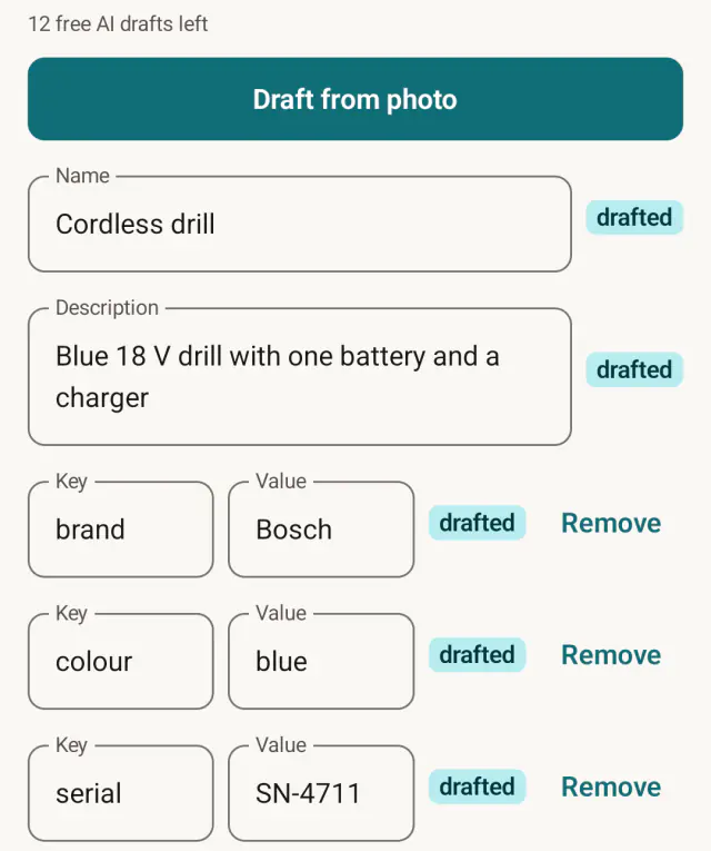 The new-item form on Android after a photo: the name Cordless drill, a description, and the properties brand, colour and serial, each marked drafted.